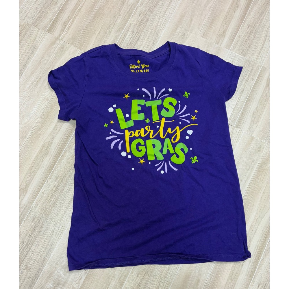 Mardi Gras Lets Party Gras Purple T Shirt Kids XL 14 16 Youth Graphic Tee